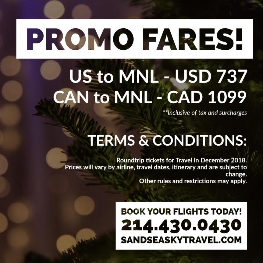 SandSeaSkyTravel.com December 2018 Promo Fares to Manila